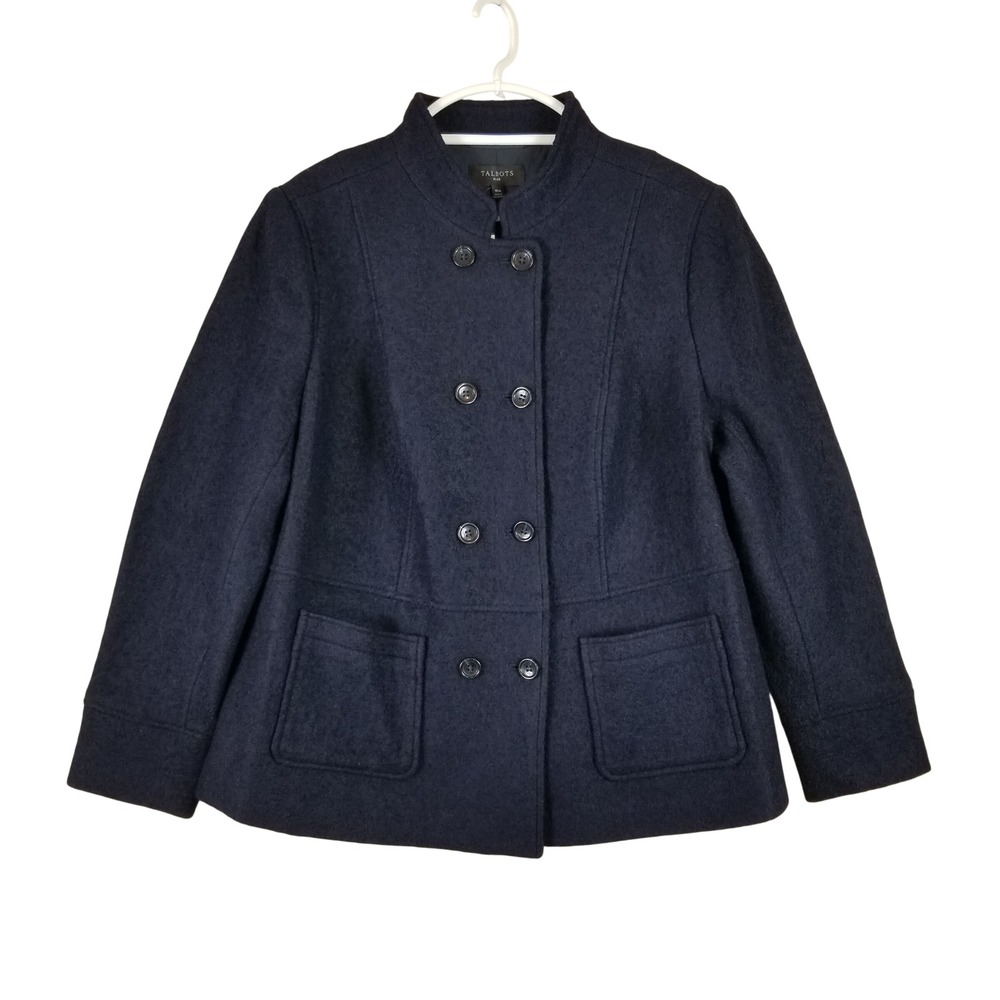 Talbots Plus Navy Blue Wool Blend Double Breasted Mock Neck Jacket 16W NWT